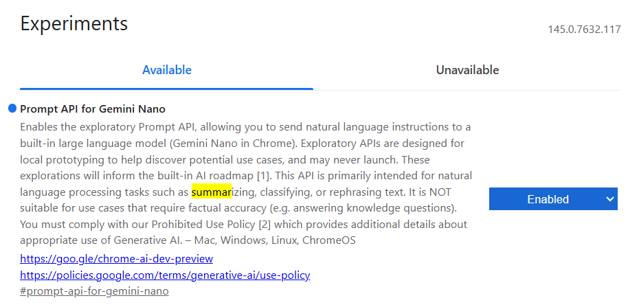placeholder: chrome://flags 页面截图,展示 Summarization API 的开关位置
